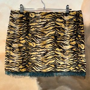 GUESS Y2K Tiger skirt beaded fringe fuzzy fully lined M 31